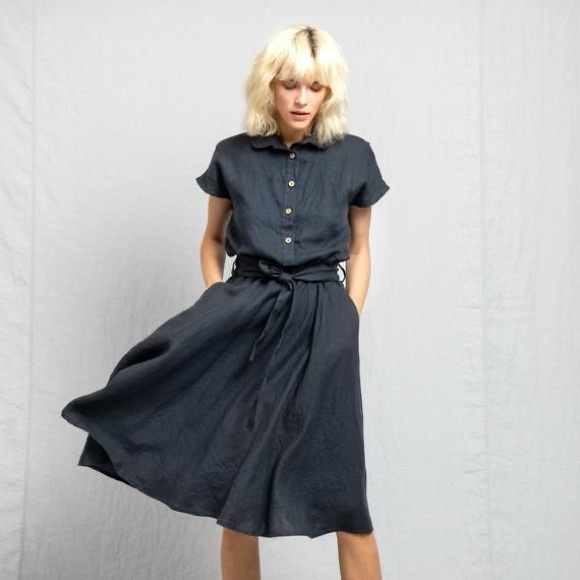 Not perfect linen Eggplant Perth collared buttoned flare dress - Picture 3 of 9